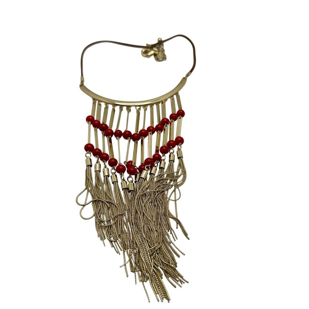 Chico's Necklace Jewelry Bib Statement Red and Gold Tone Fringe Tassel 21" - Picture 6 of 7